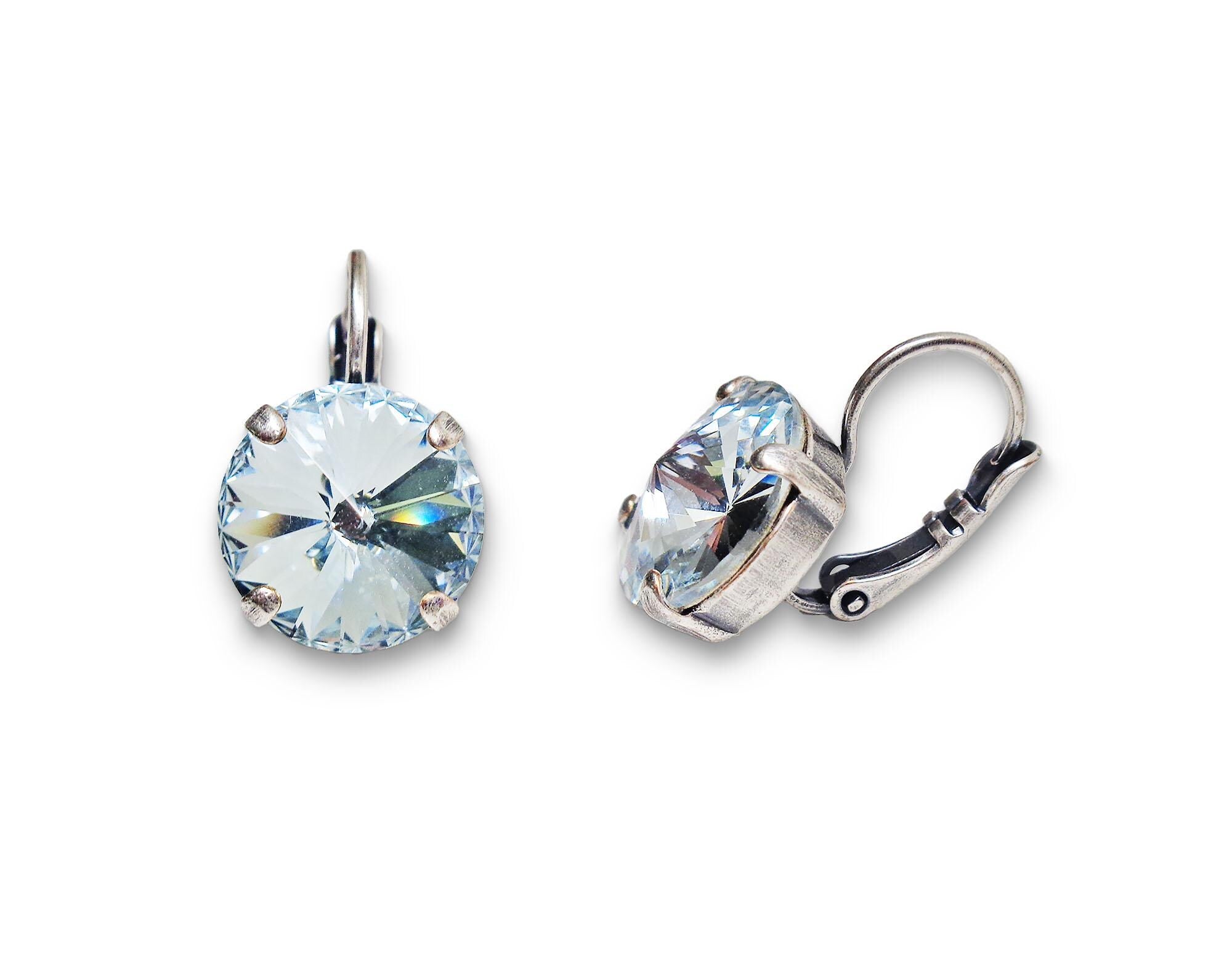 Crystal rivoli drop earrings azure blue,antique silver