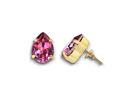 Crystal pear stud earrings dark pink,yellow gold