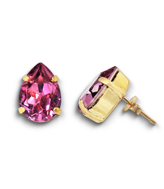 Crystal pear stud earrings dark pink,yellow gold
