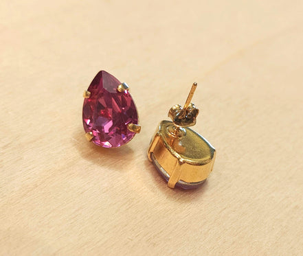 Crystal pear stud earrings dark pink,yellow gold