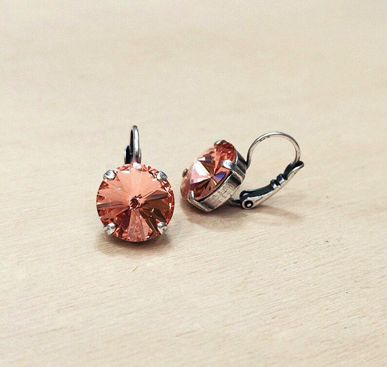 Crystal rivoli drop earrings rose peach,antique silver
