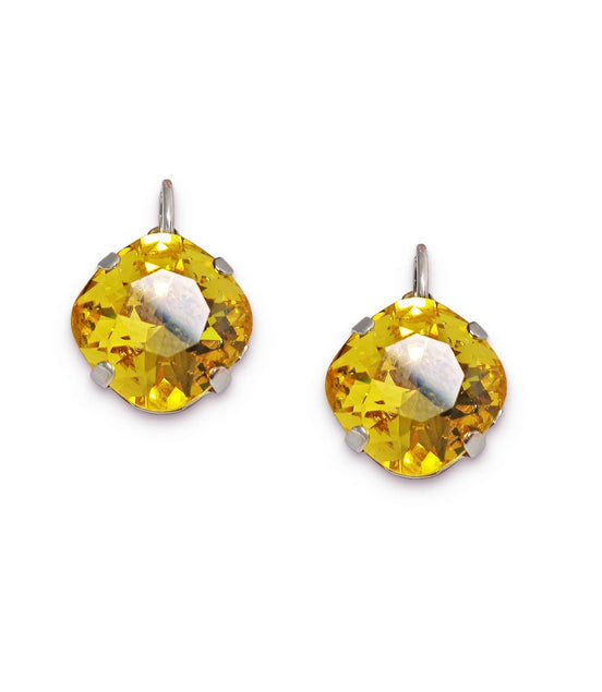 Crystal square drop earrings yellow,rhodium silver