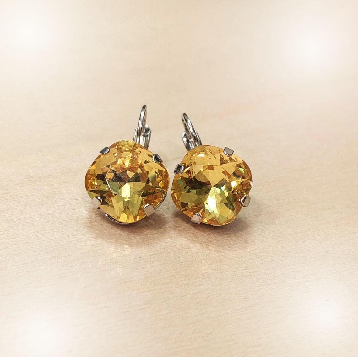 Crystal square drop earrings yellow,rhodium silver