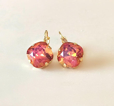 Crystal  square drop earrings pink astral,gold plated