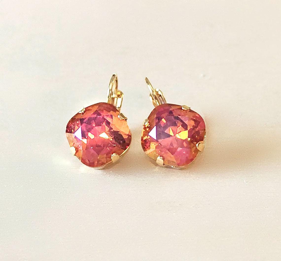 Crystal  square drop earrings pink astral,gold plated