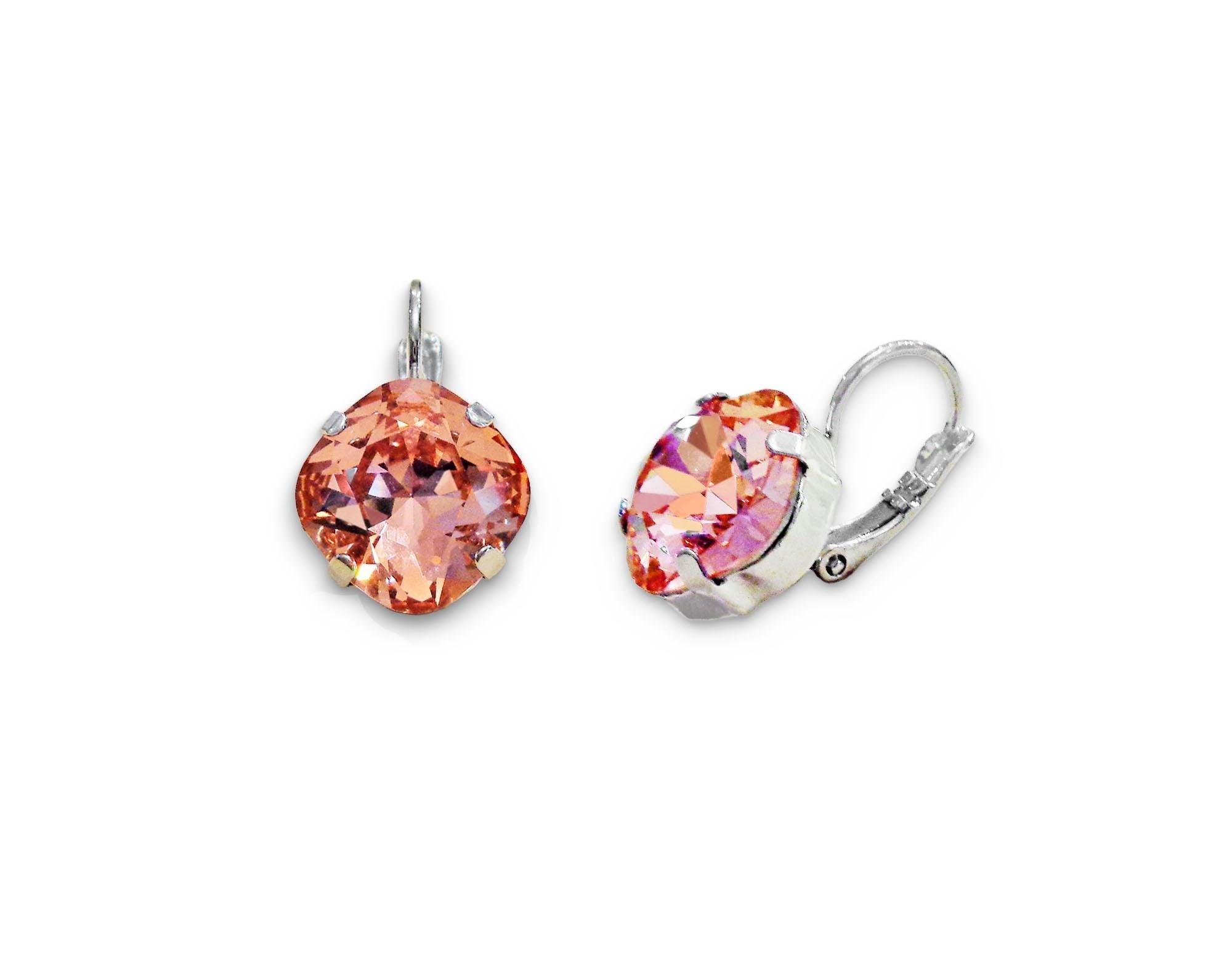 Crystal  square drop earrings rose peach ,rhodium silver