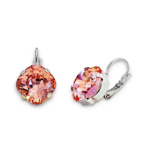 Crystal  square drop earrings rose peach ,rhodium silver