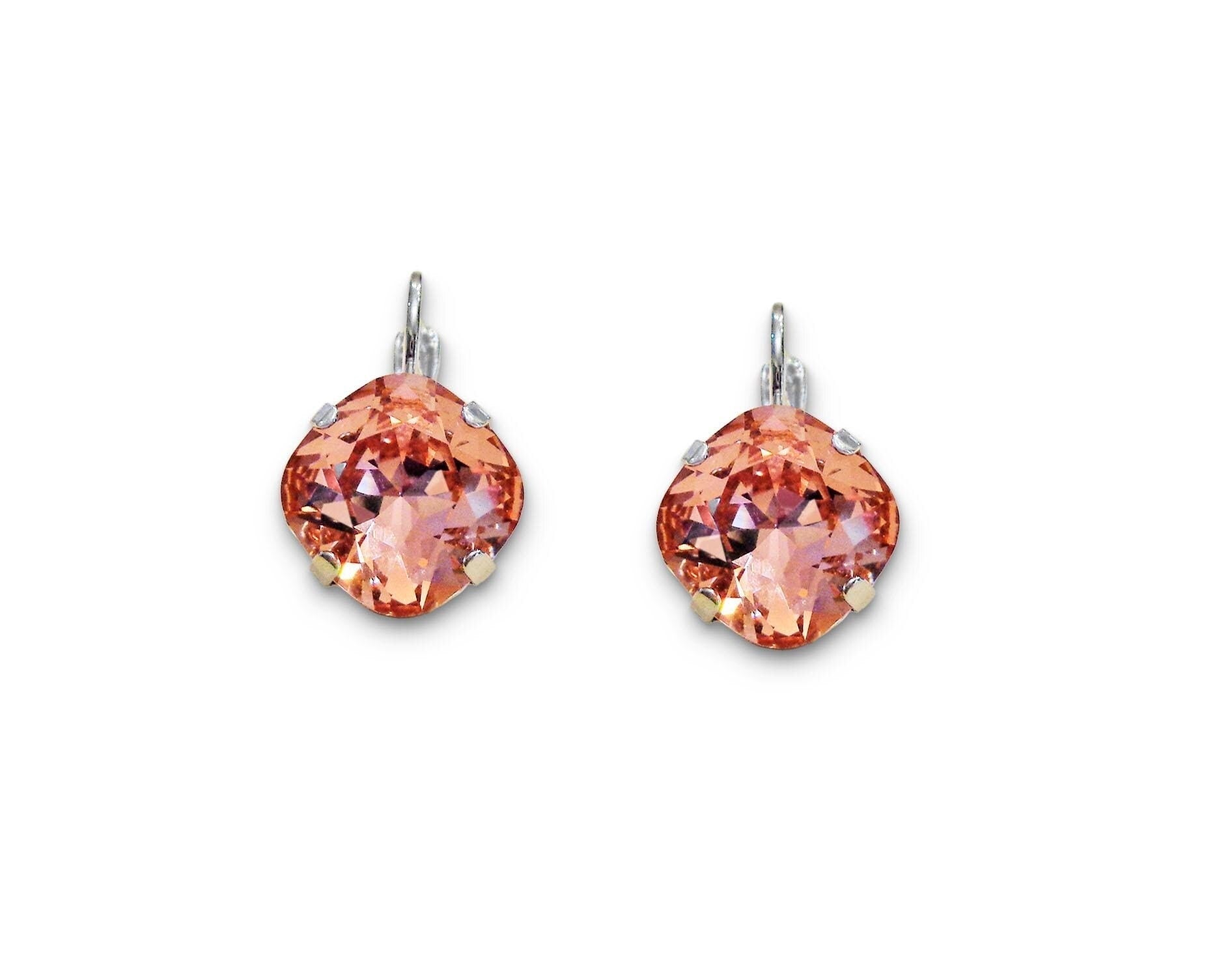 Crystal  square drop earrings rose peach ,rhodium silver