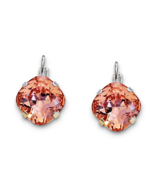 Crystal  square drop earrings rose peach ,rhodium silver