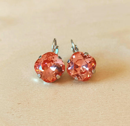 Crystal  square drop earrings rose peach ,rhodium silver