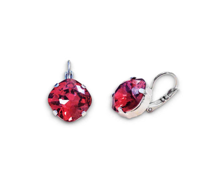 Crystal  square drop earrings Scarlet red ,rhodium silver