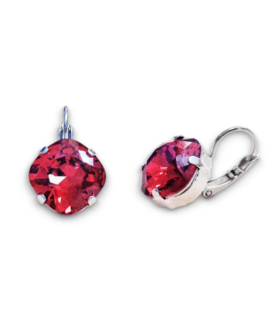 Crystal  square drop earrings Scarlet red ,rhodium silver