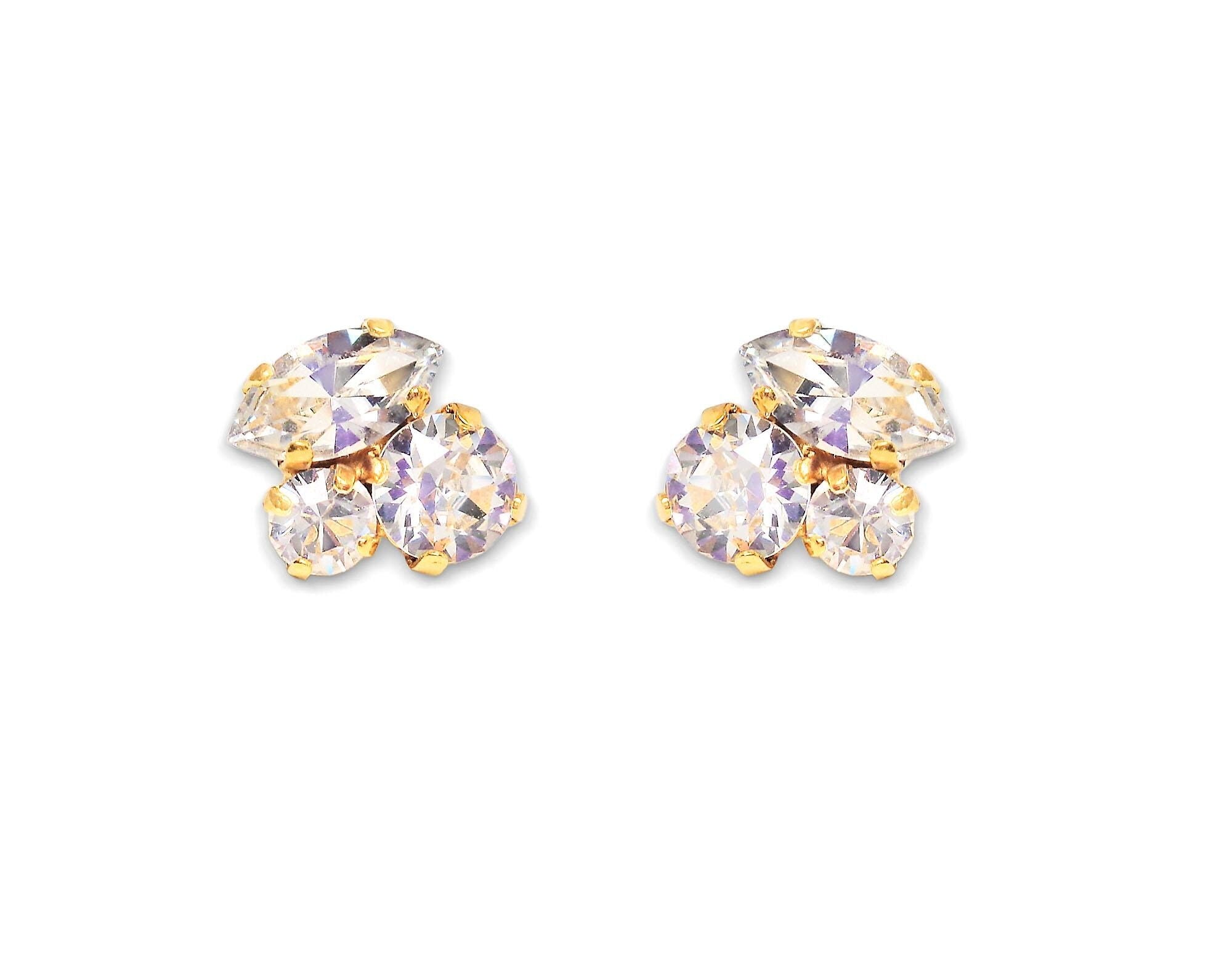 Crystal mini multistone stud earrings,clear crystal,gold plated