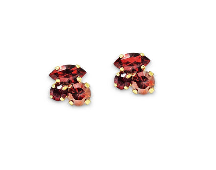 Crystal mini multistone stud earrings,scarlet,red magma,gold plated