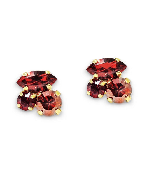 Crystal mini multistone stud earrings,scarlet,red magma,gold plated