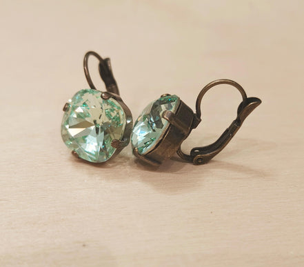 Crystal  square drop earrings chrysolite green,antique brass