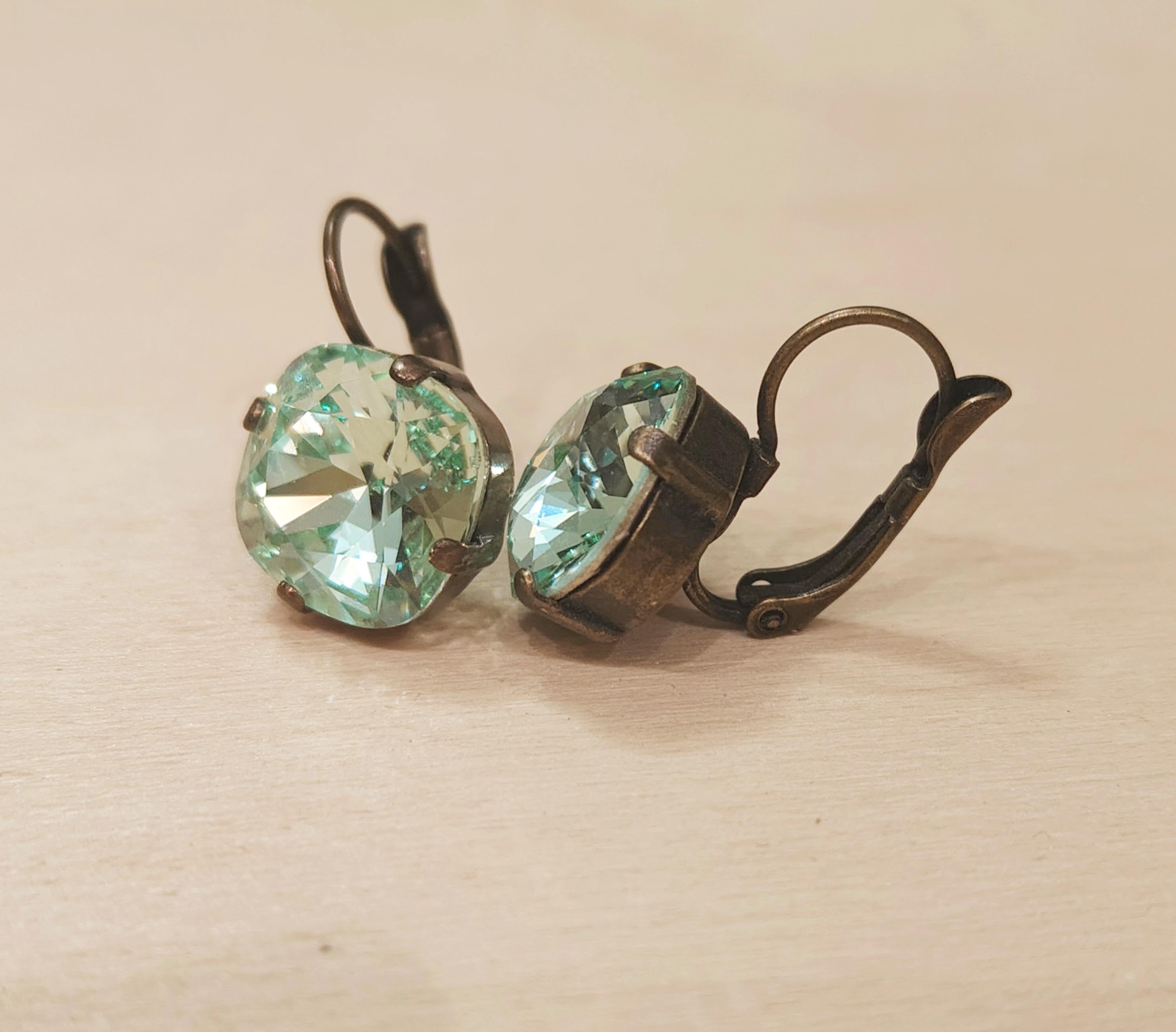 Crystal  square drop earrings chrysolite green,antique brass