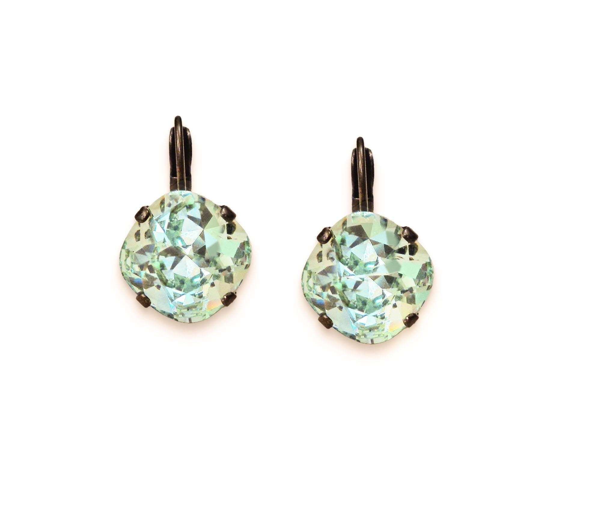 Crystal  square drop earrings chrysolite green,antique brass