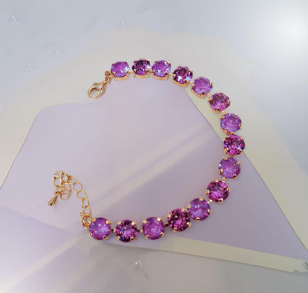 WINTER ORCHIDS Austrian crystal tennis bracelet cool dark pink tones,yellow gold