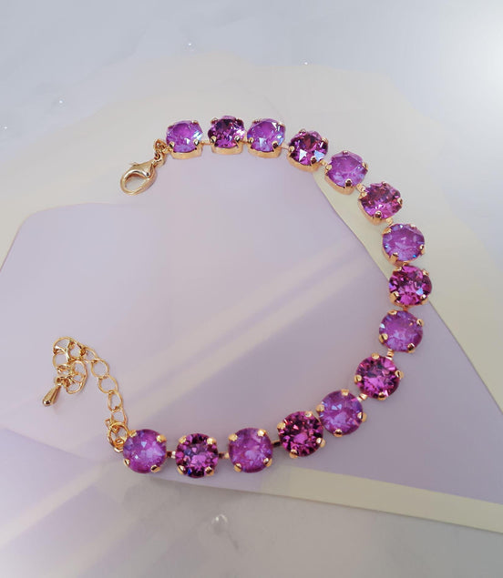 WINTER ORCHIDS Austrian crystal tennis bracelet cool dark pink tones,yellow gold