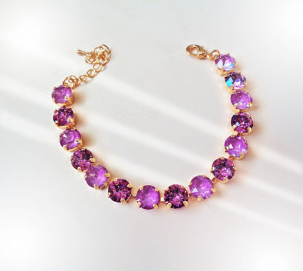 WINTER ORCHIDS Austrian crystal tennis bracelet cool dark pink tones,yellow gold