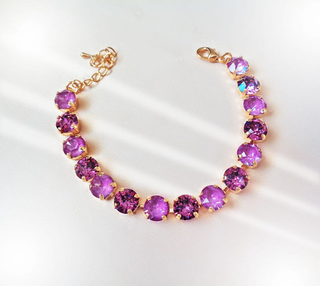 WINTER ORCHIDS Austrian crystal tennis bracelet cool dark pink tones,yellow gold