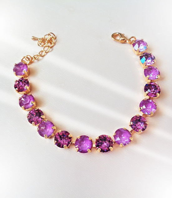 WINTER ORCHIDS Austrian crystal tennis bracelet cool dark pink tones,yellow gold