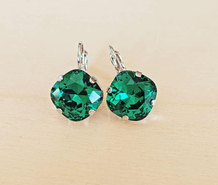 Crystal  square drop earrings majestic green ,rhodium silver