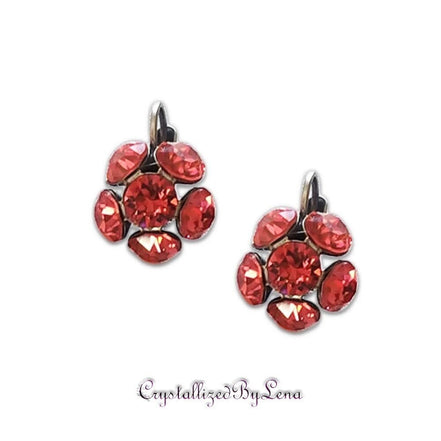 Crystal drop,bright red ,earrings,rhodium silver