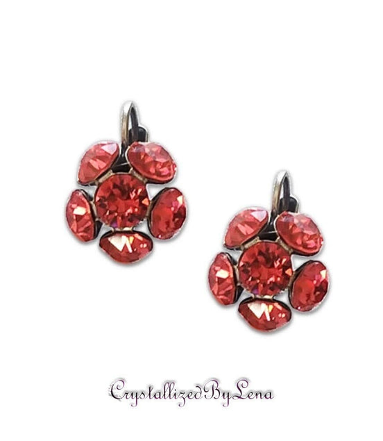 Crystal drop,bright red ,earrings,rhodium silver