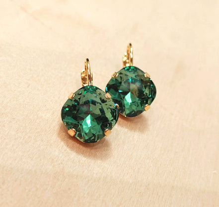 Crystal square drop earrings erinite green,goldplated
