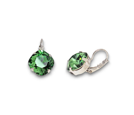 Crystal square drop earrings green,rhodium silver