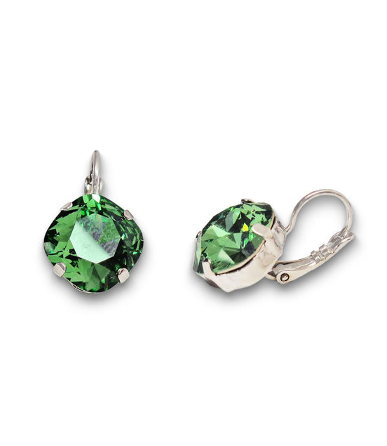Crystal square drop earrings green,rhodium silver