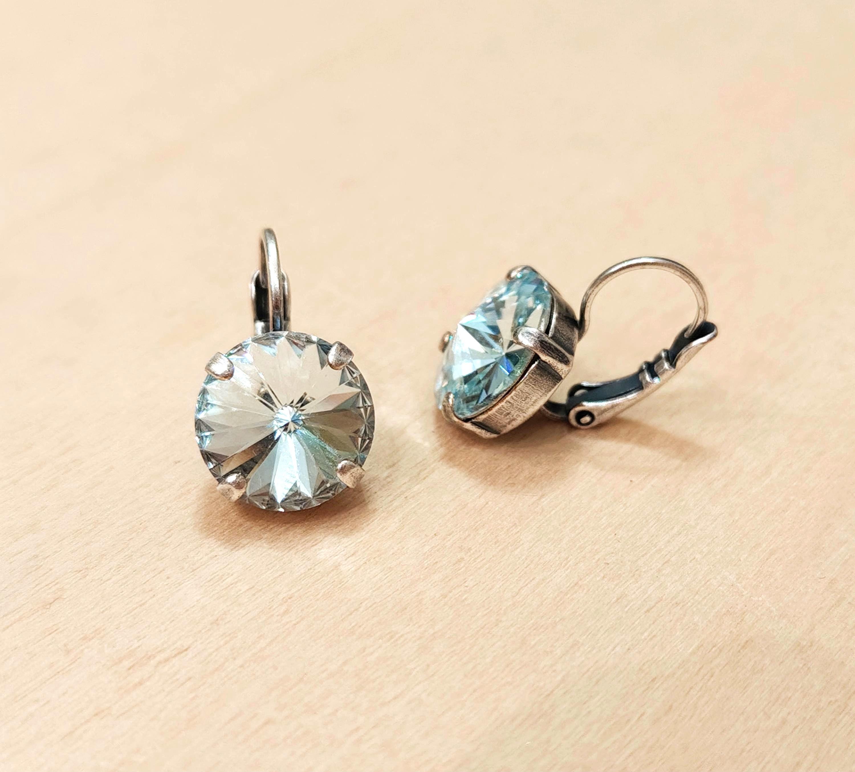 Crystal rivoli drop earrings azure blue,antique silver