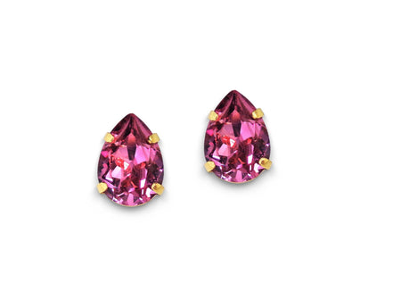 Crystal pear stud earrings dark pink,yellow gold