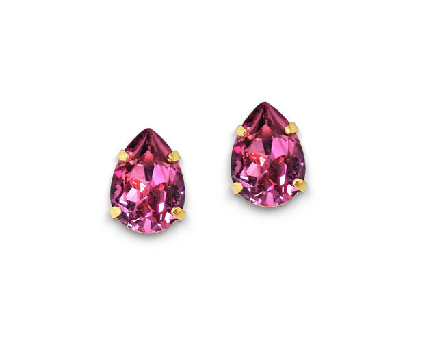 Crystal pear stud earrings dark pink,yellow gold