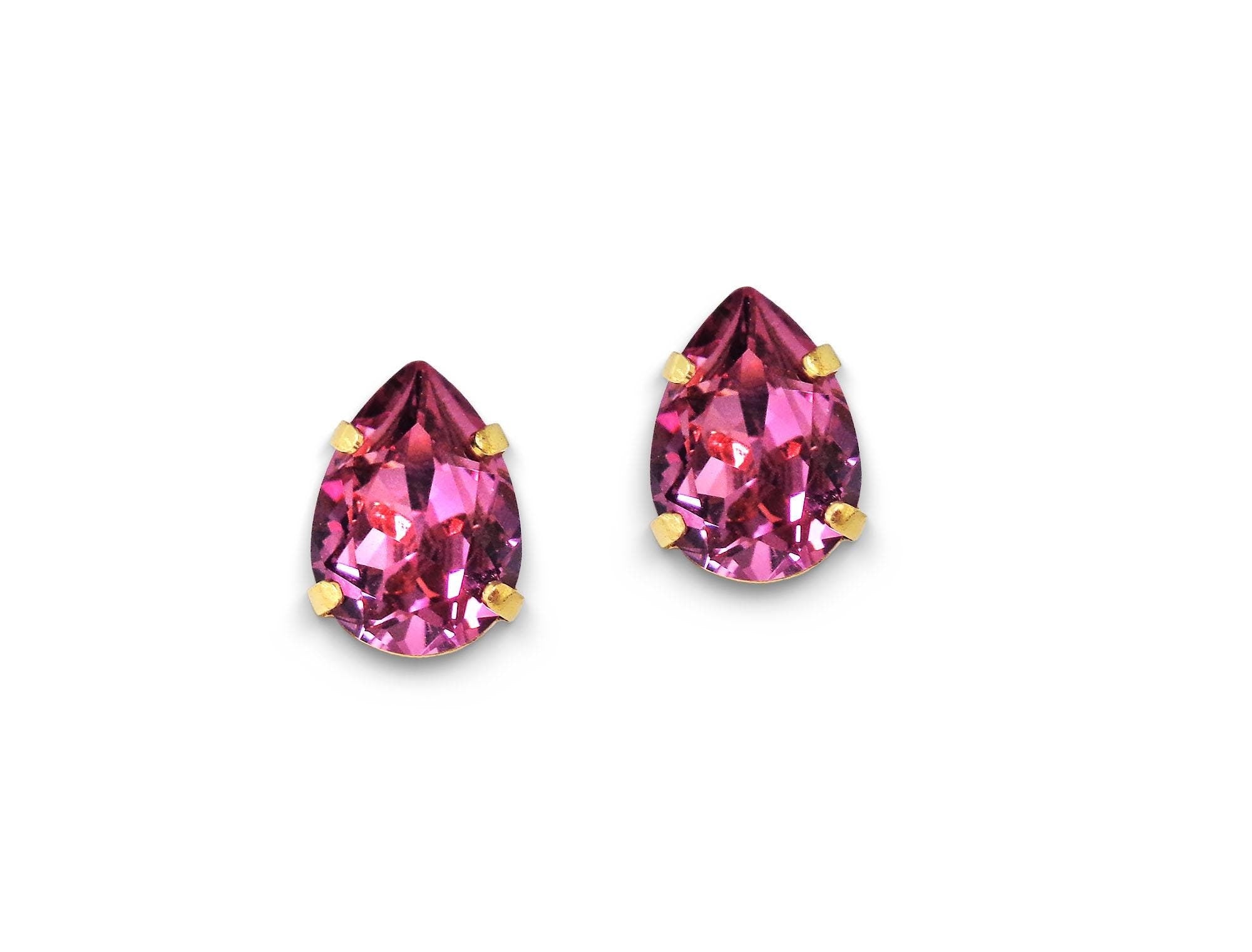 Crystal pear stud earrings dark pink,yellow gold