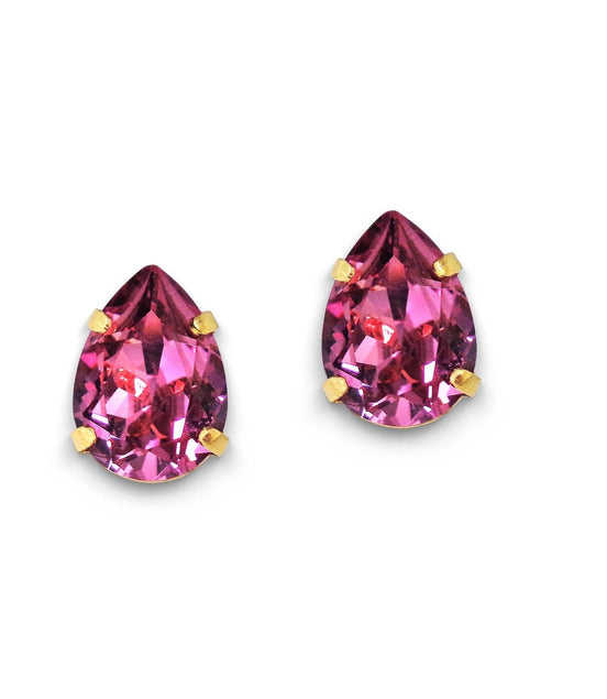 Crystal pear stud earrings dark pink,yellow gold