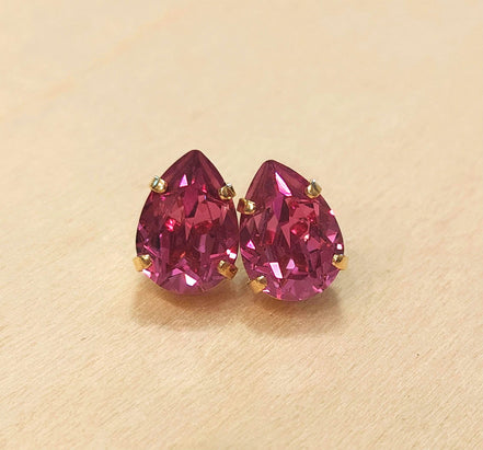 Crystal pear stud earrings dark pink,yellow gold