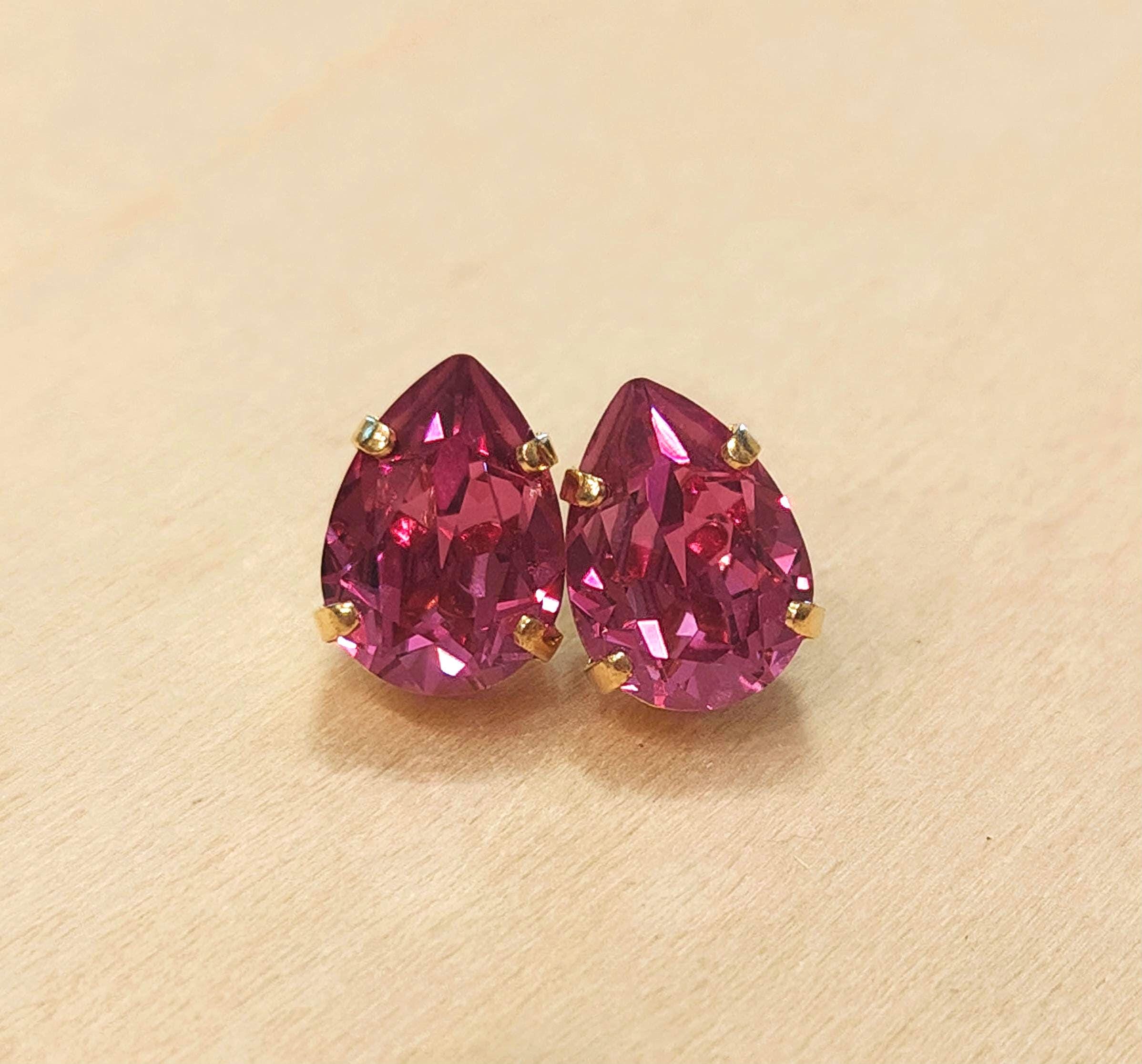 Crystal pear stud earrings dark pink,yellow gold