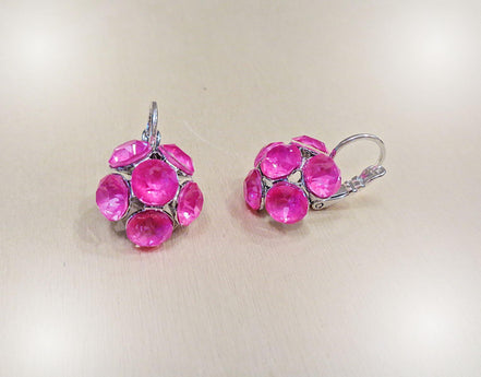 Crystal drop,electric pink ,earrings,rhodium silver