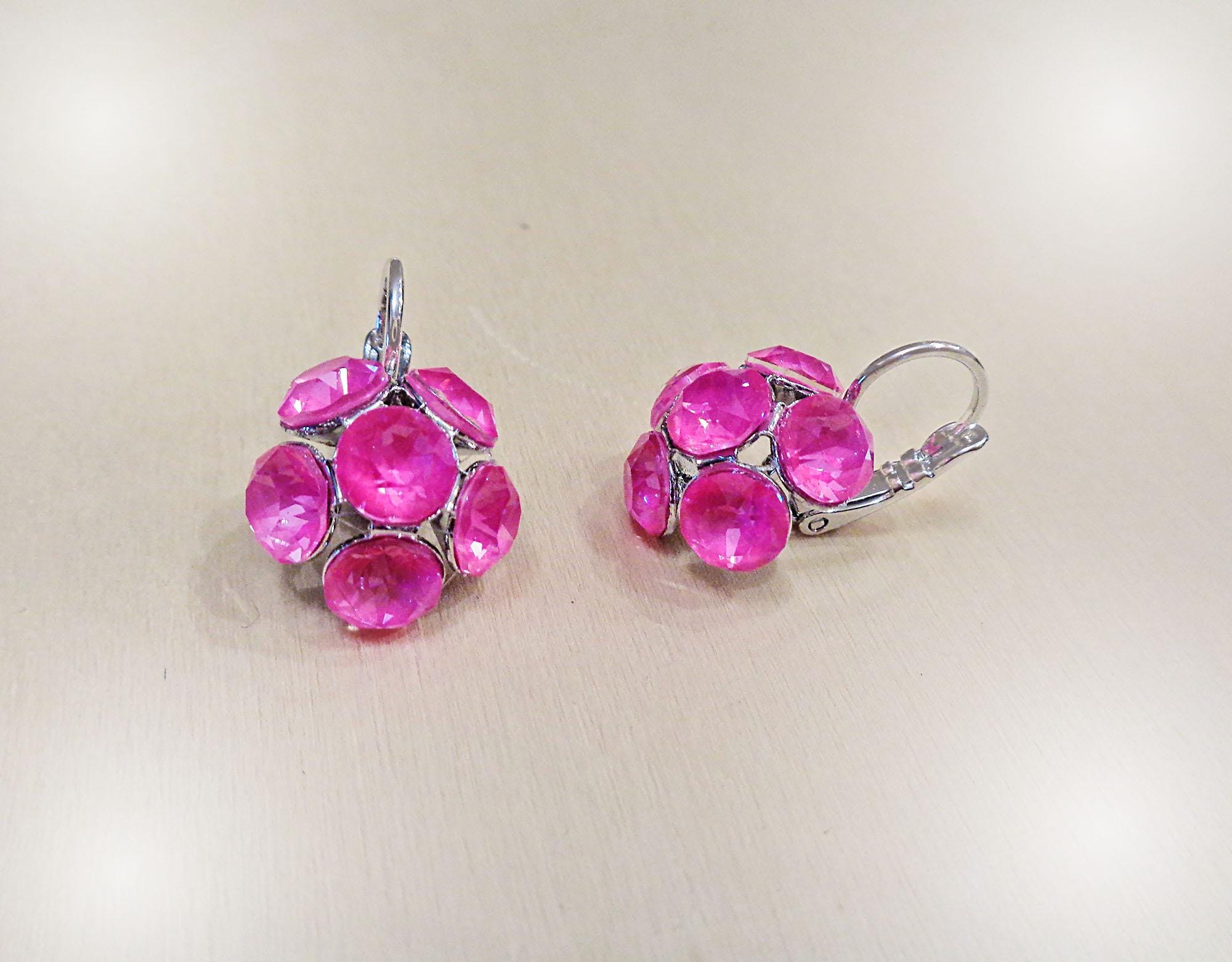 Crystal drop,electric pink ,earrings,rhodium silver