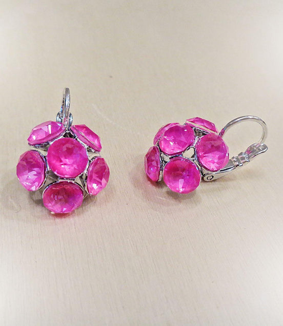 Crystal drop,electric pink ,earrings,rhodium silver