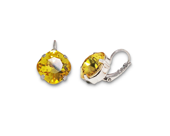 Crystal square drop earrings yellow,rhodium silver