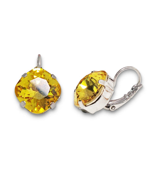 Crystal square drop earrings yellow,rhodium silver