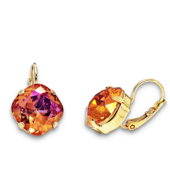 Crystal  square drop earrings pink astral,gold plated
