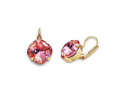 Crystal square drop earrings rose peach,gold plated