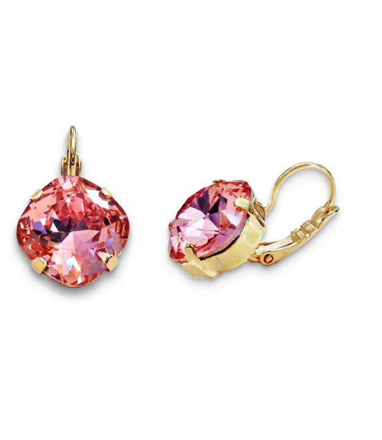 Crystal square drop earrings rose peach,gold plated