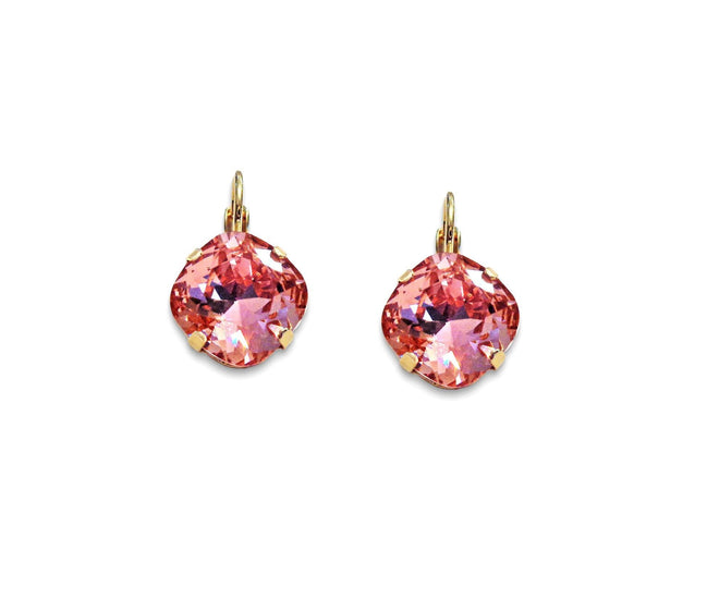 Crystal square drop earrings rose peach,gold plated