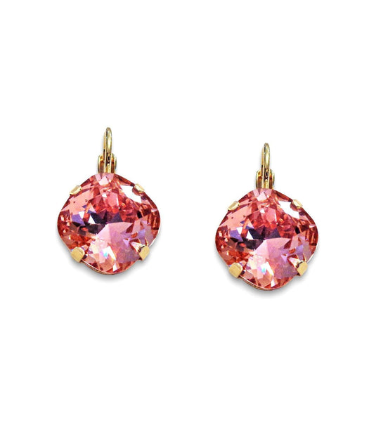 Crystal square drop earrings rose peach,gold plated